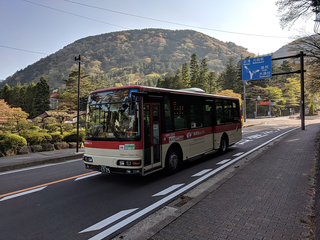 A red and white Hakone Tozan bus driving on a mountain road in Hakone.