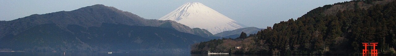 Mount Fuji reflecting in Lake Ashi on a clear day