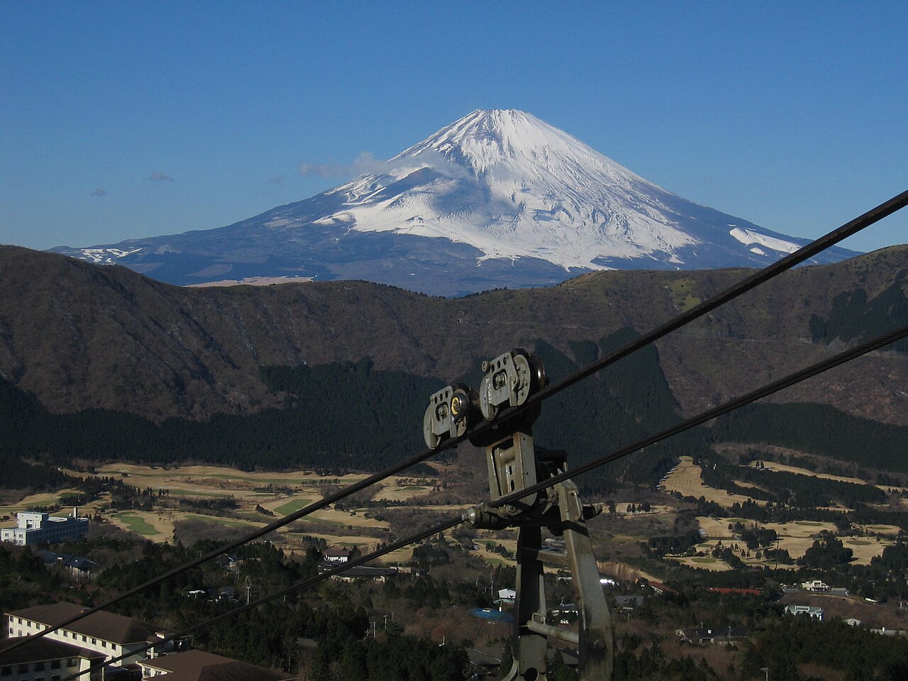 Panoramic view of Mount Fuji from an Owakudani viewing platform or Hakone Ropeway