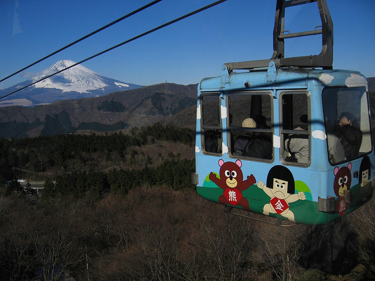 Hakone Ropeway gondola ascending with a clear view of Mount Fuji in the distance