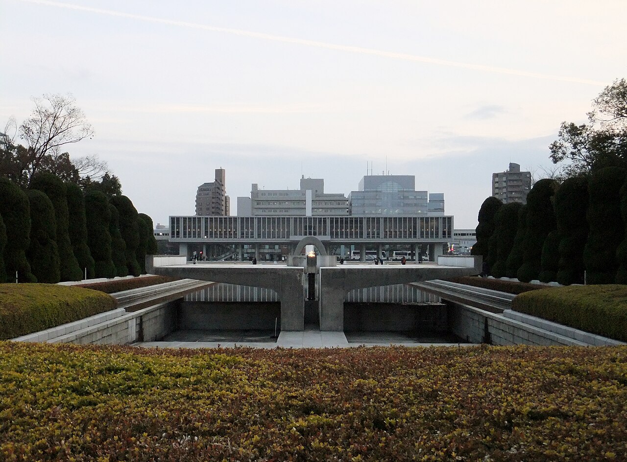 The Peace Flame burning brightly in Hiroshima Peace Memorial Park, symbolizing the desire for a nuclear-free world.
