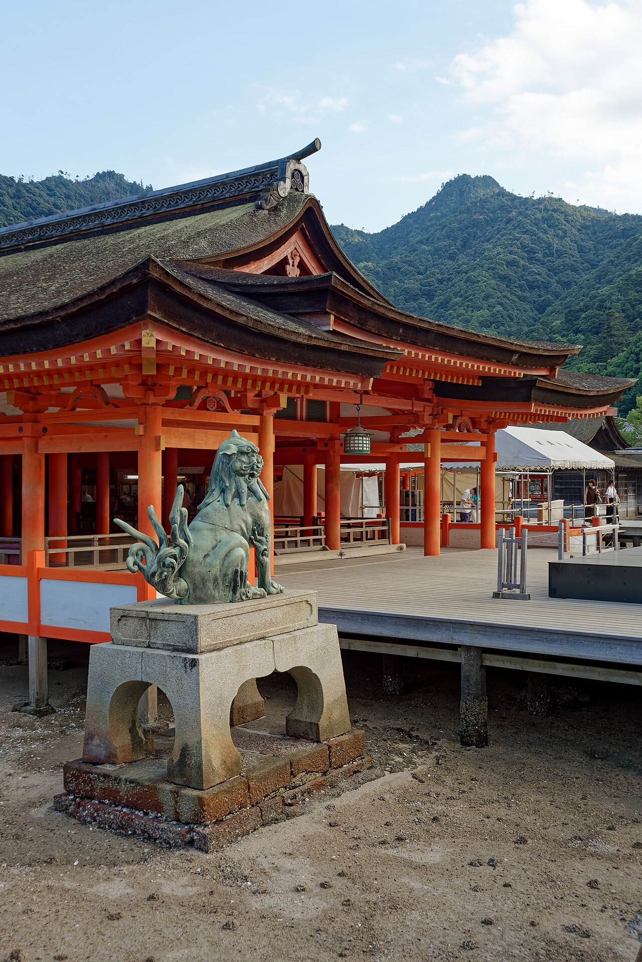 The main hall and other structures of Itsukushima Shrine, built on stilts over the water at high tide.