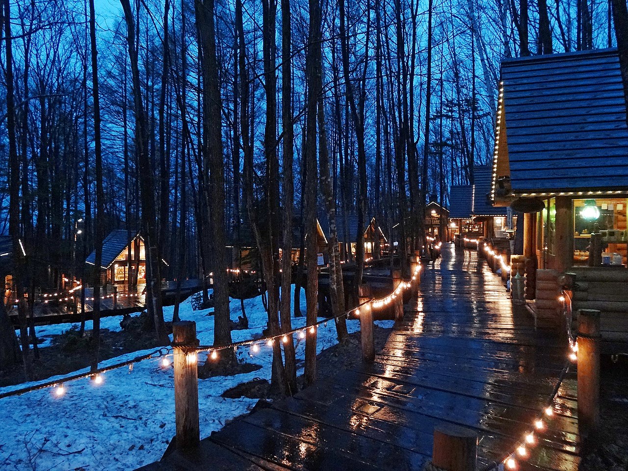 Charming wooden craft cabins illuminated at night along a forest path at Ningle Terrace in Furano