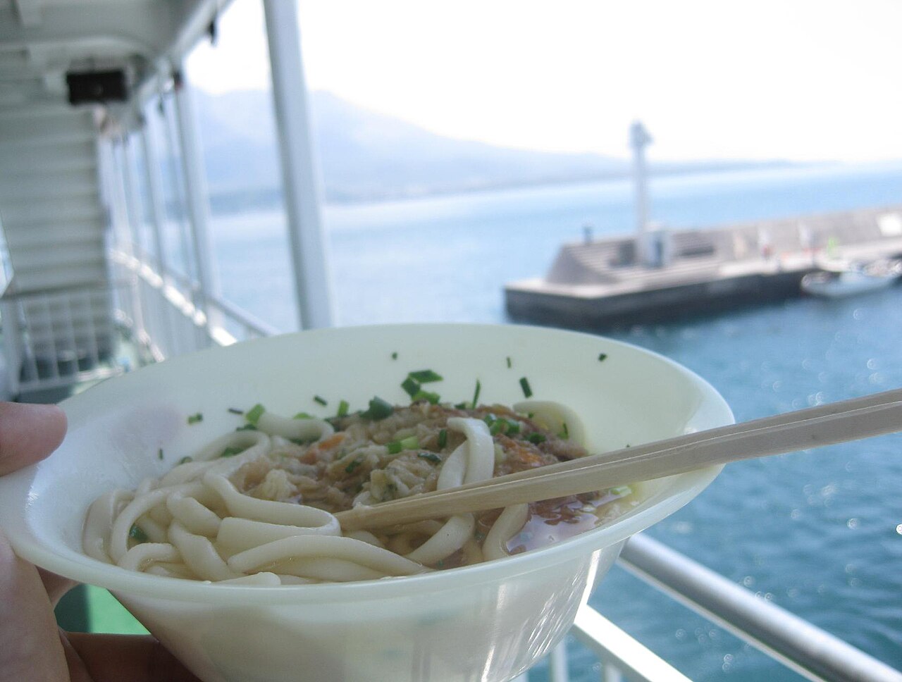 A bowl of udon noodles being served on board the Sakurajima Ferry.