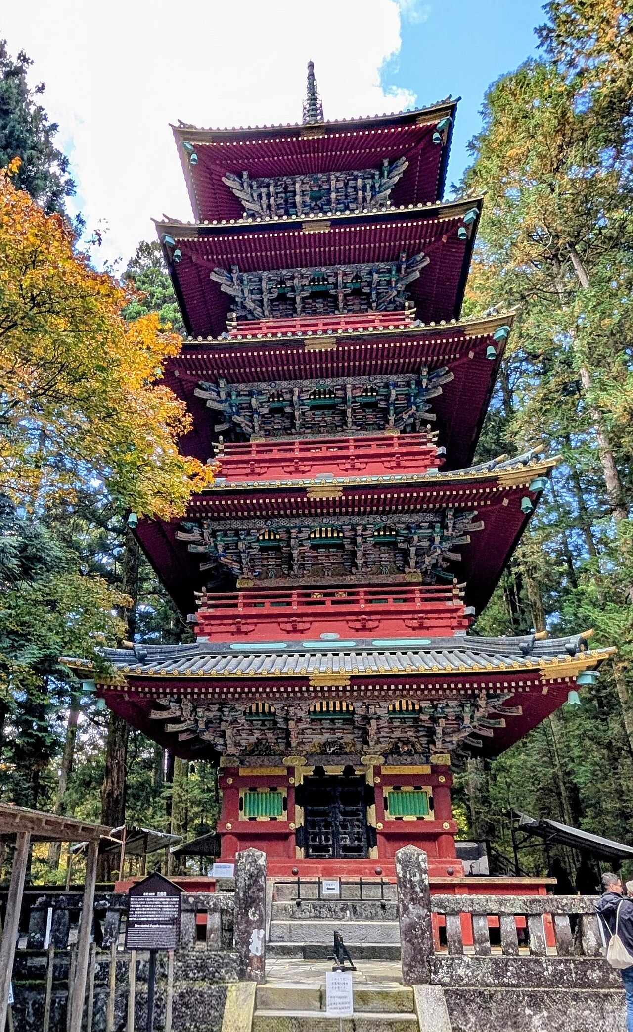 The vibrant red and white Five-story Pagoda (Gojunoto) at Nikko Toshogu Shrine
