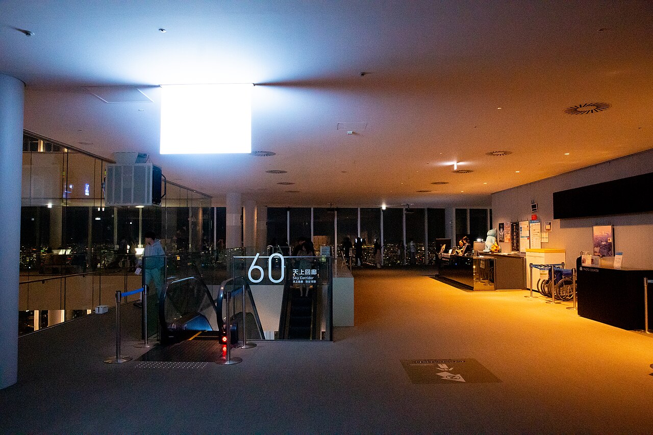 Panoramic city view from Abeno Harukas observation deck at sunset