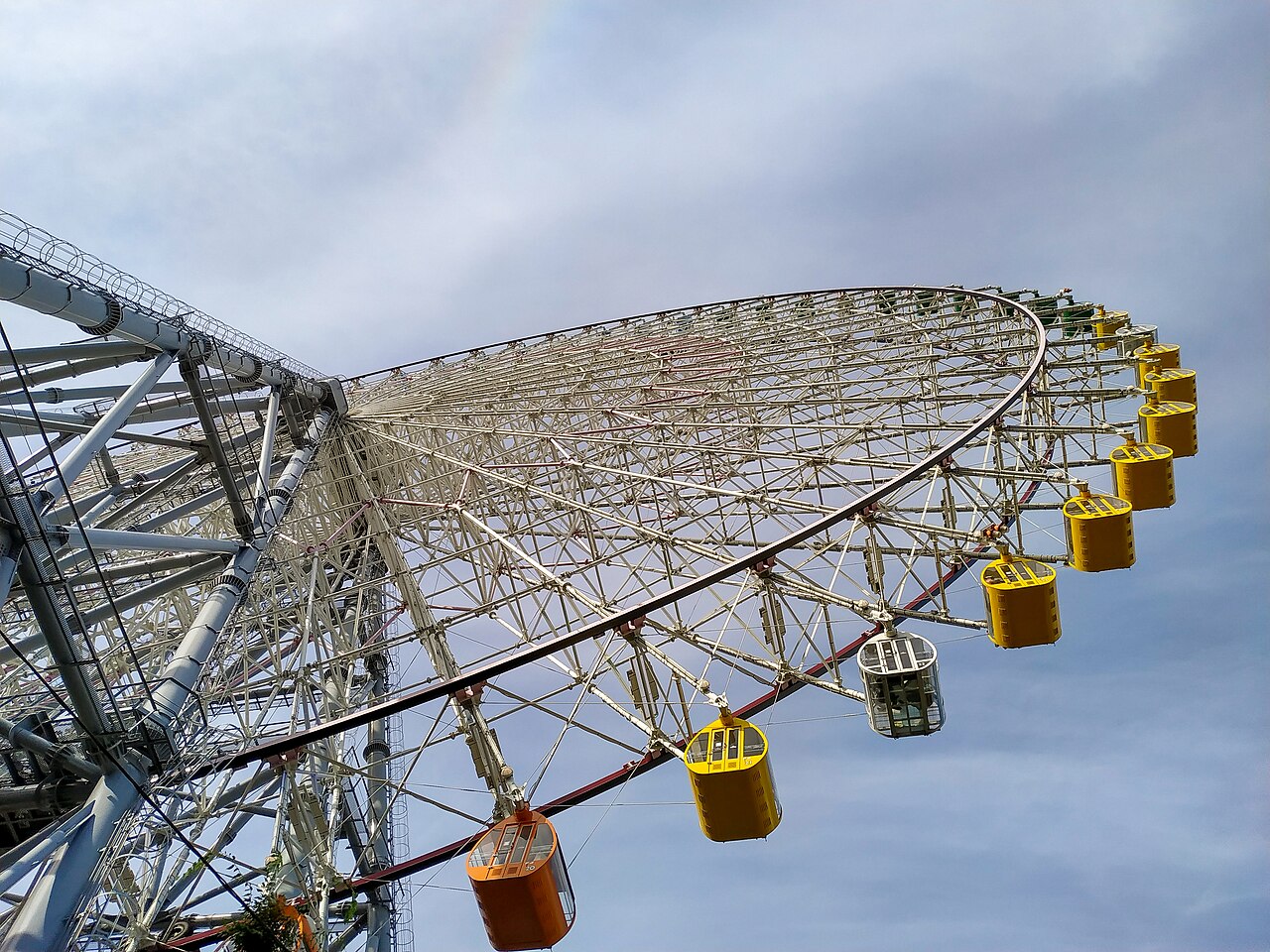 The large Tempozan Ferris Wheel overlooking Osaka Bay and the surrounding harbor area.