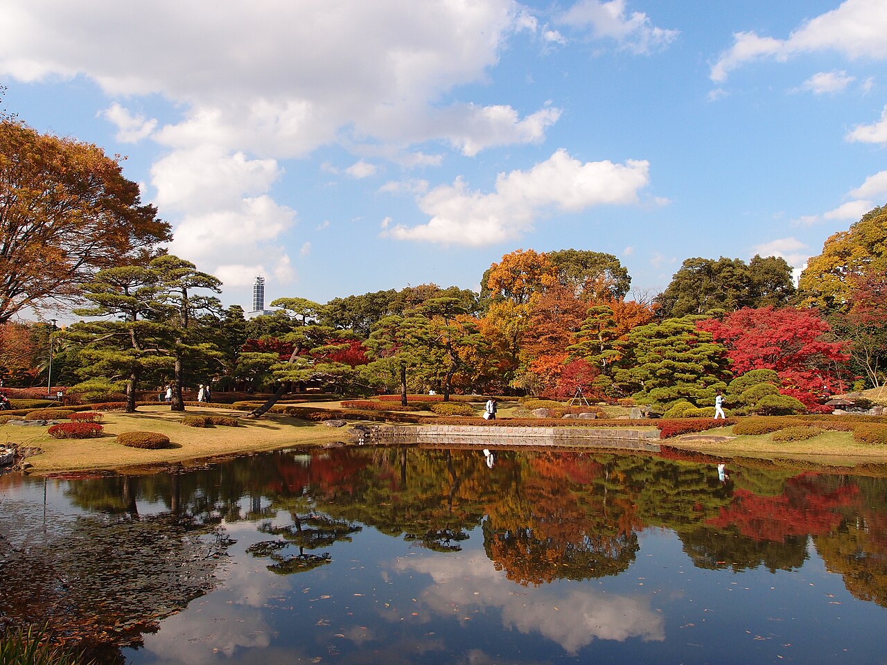 Ninomaru Garden pond with traditional Japanese landscaping and stone lanterns in the Imperial Palace East Garden