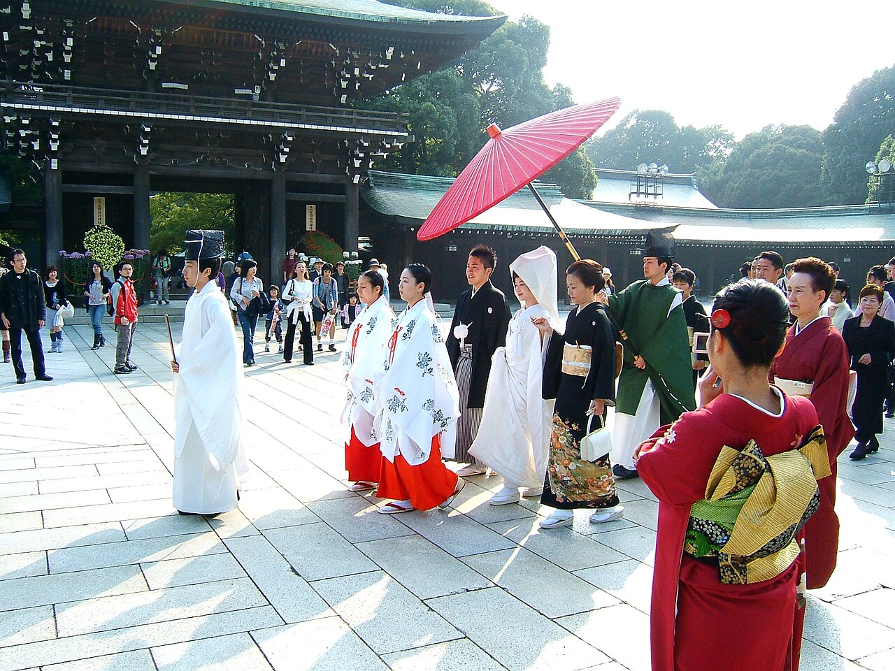 A traditional Shinto wedding procession taking place at Meiji Shrine.