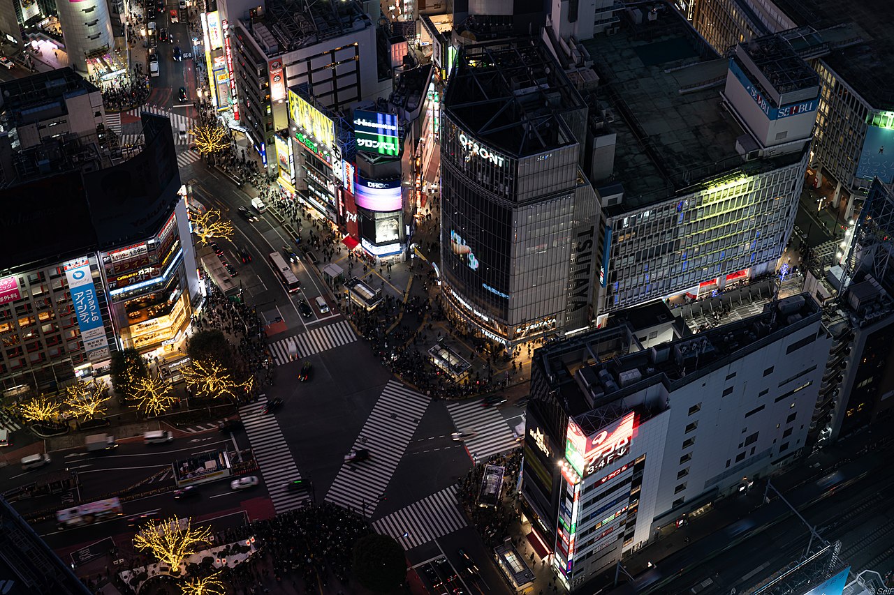 Panoramic night view of Shibuya Scramble Crossing from Shibuya Sky observation deck