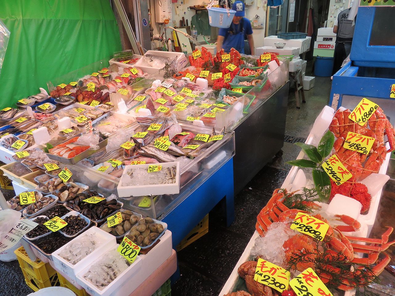 Fresh sushi displayed at a stall in Tsukiji Outer Market