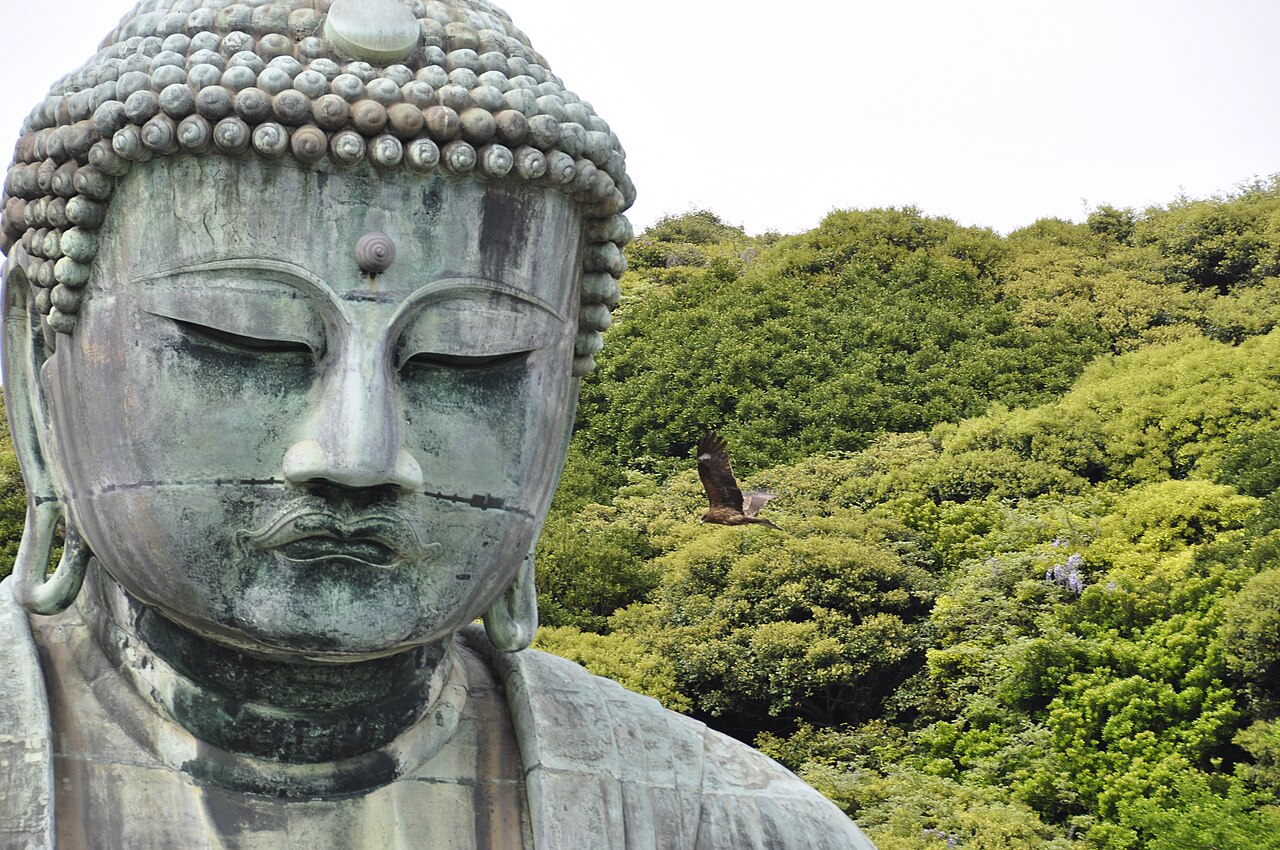 The monumental bronze statue of the Great Buddha of Kamakura, seated outdoors against a backdrop of trees.