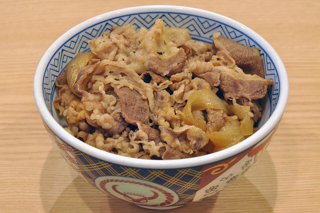 A bowl of gyudon, Japanese beef bowl, with rice, thinly sliced beef, and green onions