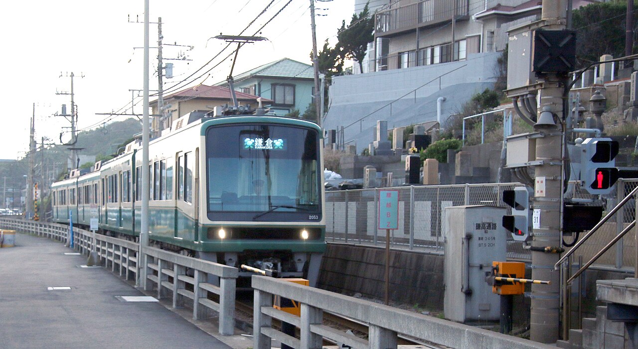 The scenic Enoden train traveling along the coast in Kamakura