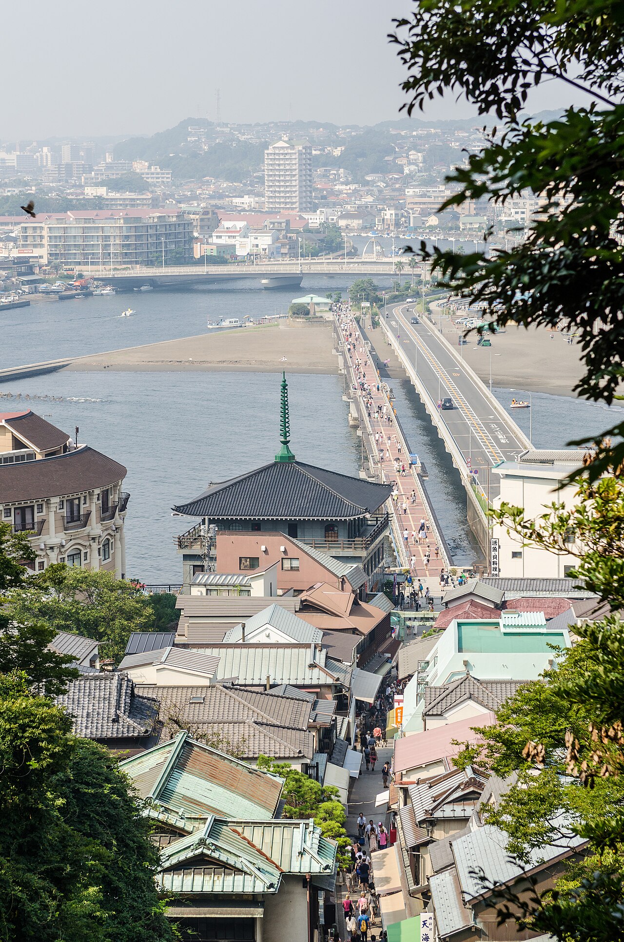 Panoramic view of Enoshima Island connected by a bridge