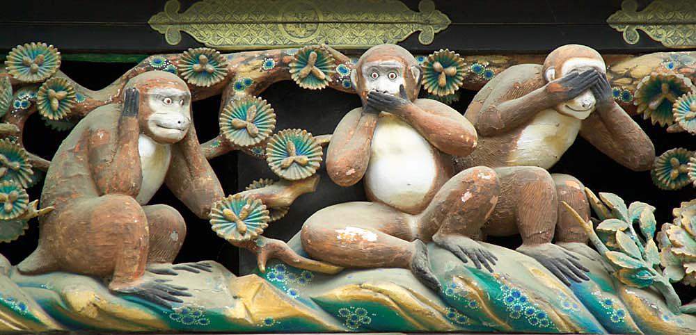 Carving of the Three Wise Monkeys (Mizaru, Kikazaru, Iwazaru) at Nikko Toshogu Shrine