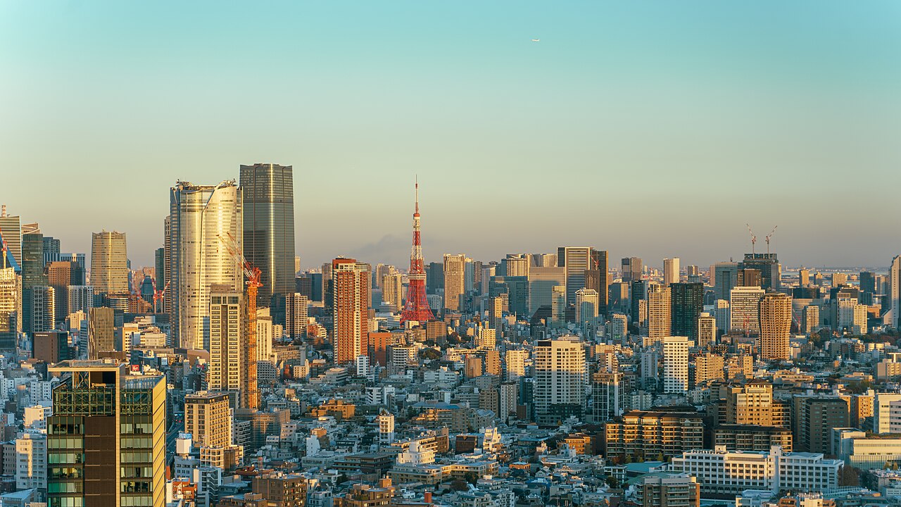 Panoramic view of Tokyo city from Tokyo Tower's observation deck, showcasing the urban landscape
