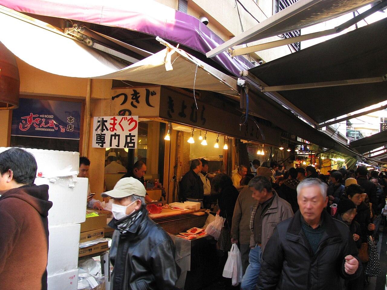 A plate of fresh nigiri sushi served for breakfast at a restaurant in Tsukiji Outer Market.